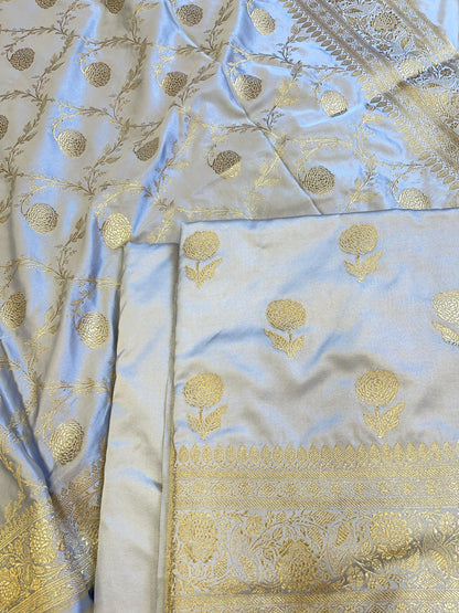 Grey Premium Handloom Mashru Silk Floral Zari Booti with Zari Jaal Dupatta Handloom Banarasi 3 pcs Suit Set 3000AJ_MSR15