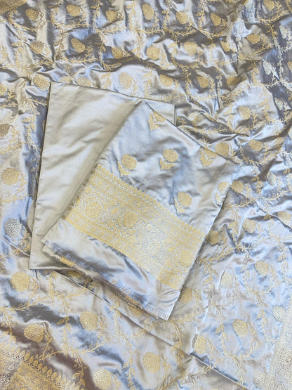 Grey Premium Handloom Mashru Silk Floral Zari Booti with Zari Jaal Dupatta Handloom Banarasi 3 pcs Suit Set 3000AJ_MSR15