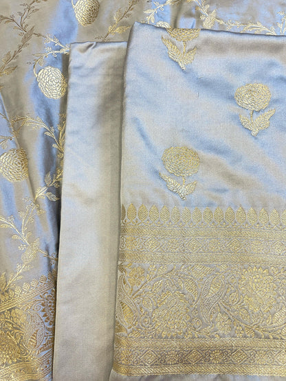 Grey Premium Handloom Mashru Silk Floral Zari Booti with Zari Jaal Dupatta Handloom Banarasi 3 pcs Suit Set 3000AJ_MSR15
