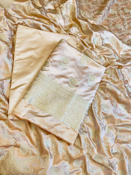 Beige Premium Handloom Mashru Silk Floral Zari Booti with Zari Jaal Dupatta Handloom Banarasi 3 pcs Suit Set 3000AJ_MSR17