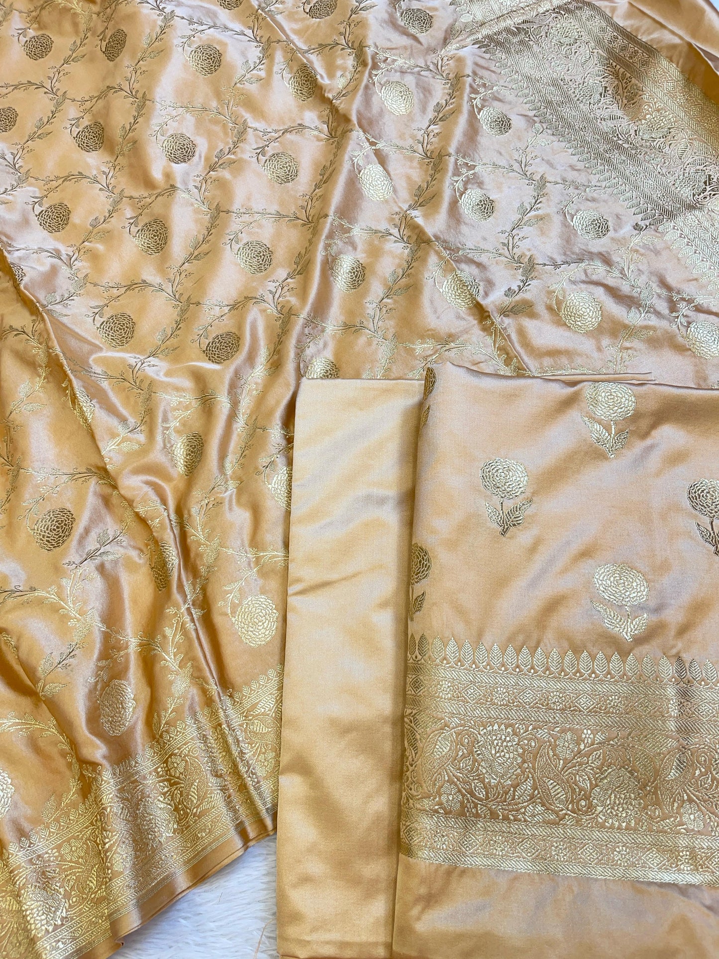 Beige Premium Handloom Mashru Silk Floral Zari Booti with Zari Jaal Dupatta Handloom Banarasi 3 pcs Suit Set 3000AJ_MSR17