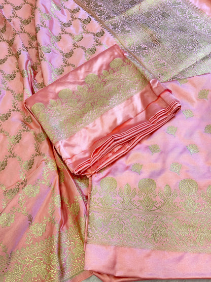 Peach Premium Handloom Mashru Silk Floral Zari Booti with Zari Jaal Dupatta Handloom Banarasi 3 pcs Suit Set 3000AJ_MSR1