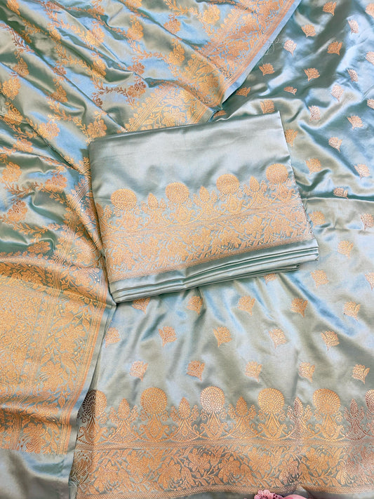 Seagreen Premium Handloom Mashru Silk Floral Zari Booti with Zari Jaal Dupatta Handloom Banarasi 3 pcs Suit Set 3000AJ_MSR3