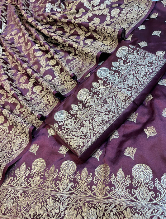 Wine Premium Handloom Mashru Silk Plain Floral Zari Dyable Booti Banarasi Suit 30AJ_MSR25