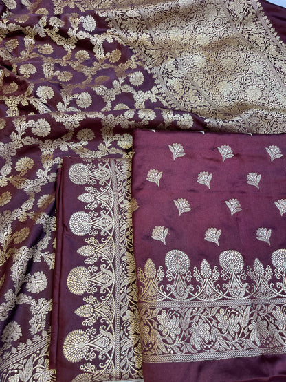 Wine Premium Handloom Mashru Silk Plain Floral Zari Dyable Booti Banarasi Suit 30AJ_MSR25