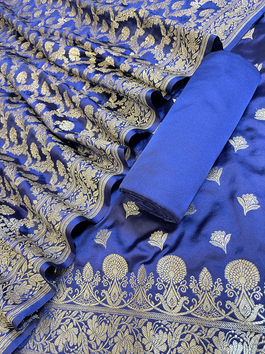 Navy Blue Premium Handloom Plain Floral Zari Dyable Booti Banarasi Suit 30AJ_MSR29