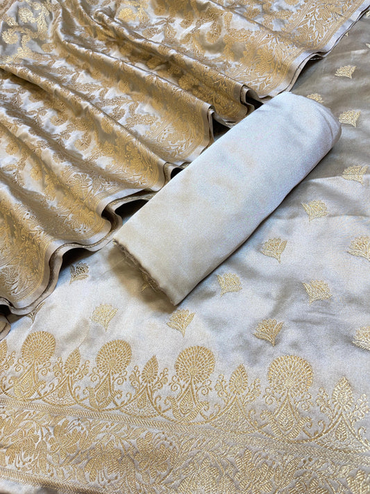 Off white Premium Handloom Plain Floral Zari Dyable Booti Banarasi Suit 30AJ_MSR30