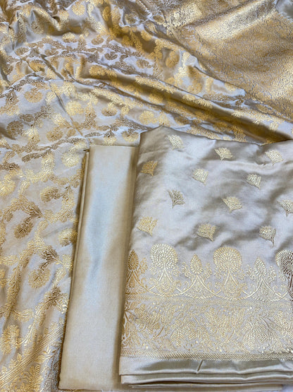 Off white Premium Handloom Plain Floral Zari Dyable Booti Banarasi Suit 30AJ_MSR30