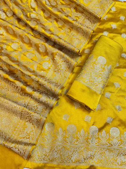 Mustard Gold Premium Handloom Plain Floral Zari Dyable Booti Banarasi Suit 30AJ_MSR31