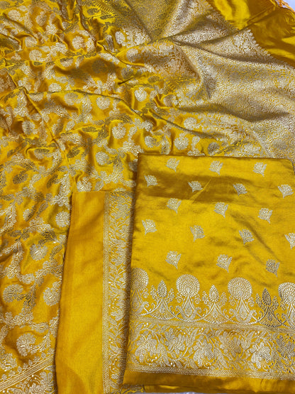 Mustard Gold Premium Handloom Plain Floral Zari Dyable Booti Banarasi Suit 30AJ_MSR31
