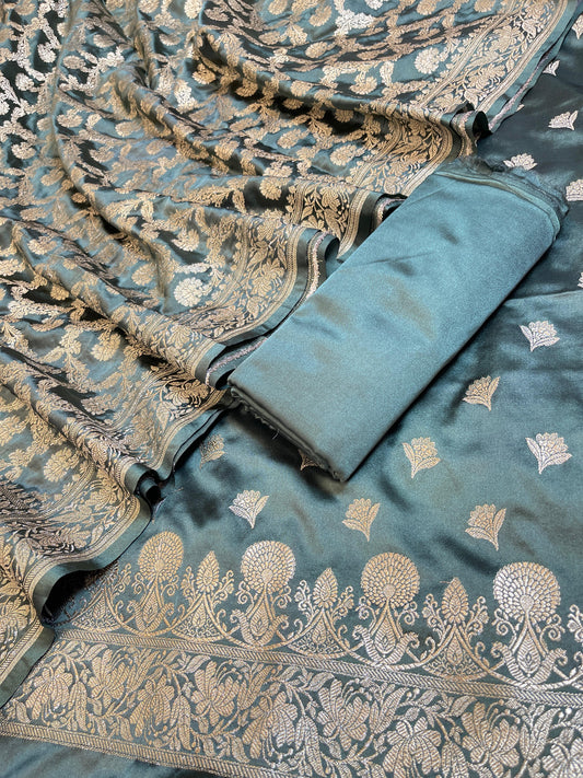 Seagreen Premium Handloom Plain Floral Zari Dyable Booti Banarasi Suit 30AJ_MSR33