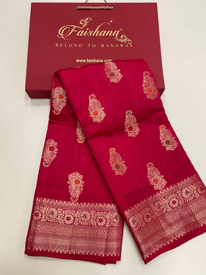 Faishana Pure Silk Handloom Red Munga Silk Zari Mina Booti Minakari Jaal Pallu with Minakari Zari Border Banarasi Saree with Red Blouse piece