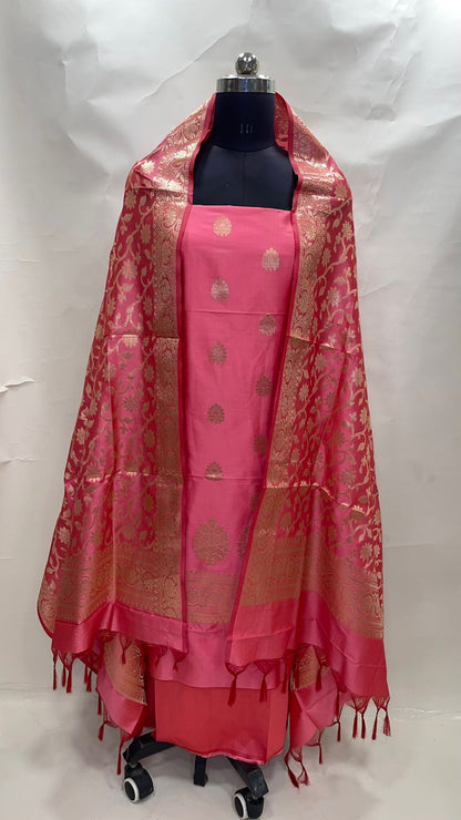 Faishana Presents Pink Katan Silk 3pcs Suit Set accompanied with Plain Bottom and Top Golden Zari Booti with Pink Golden Jaal Katan Silk Dupatta