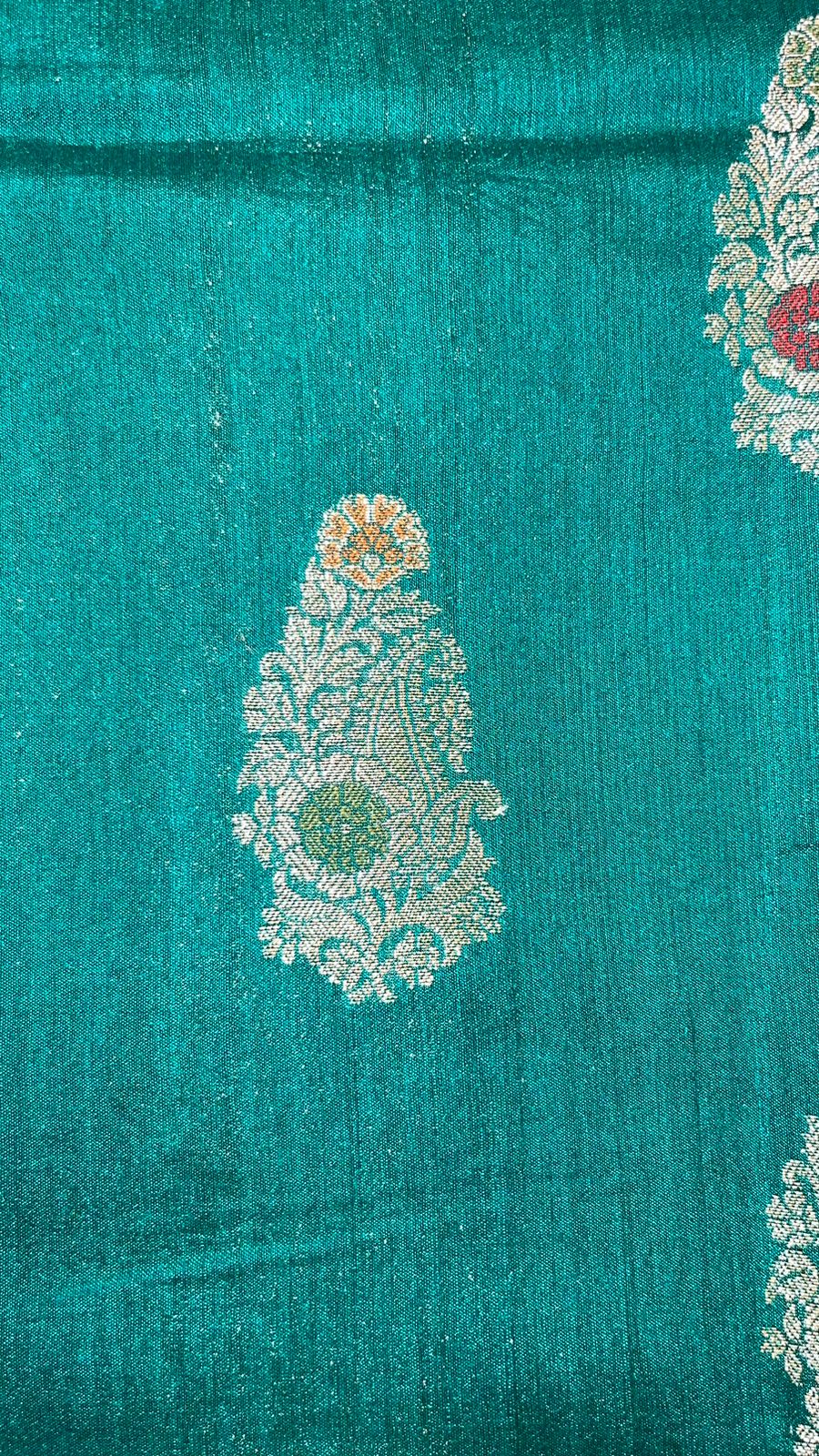 Exquisite Elegance: Faishana Pure Silk Handloom Sea Green Munga Silk Zari Mina Booti with Minakari Jaal Anchal Zari Border Saree &amp; Sea green Blouse Piece