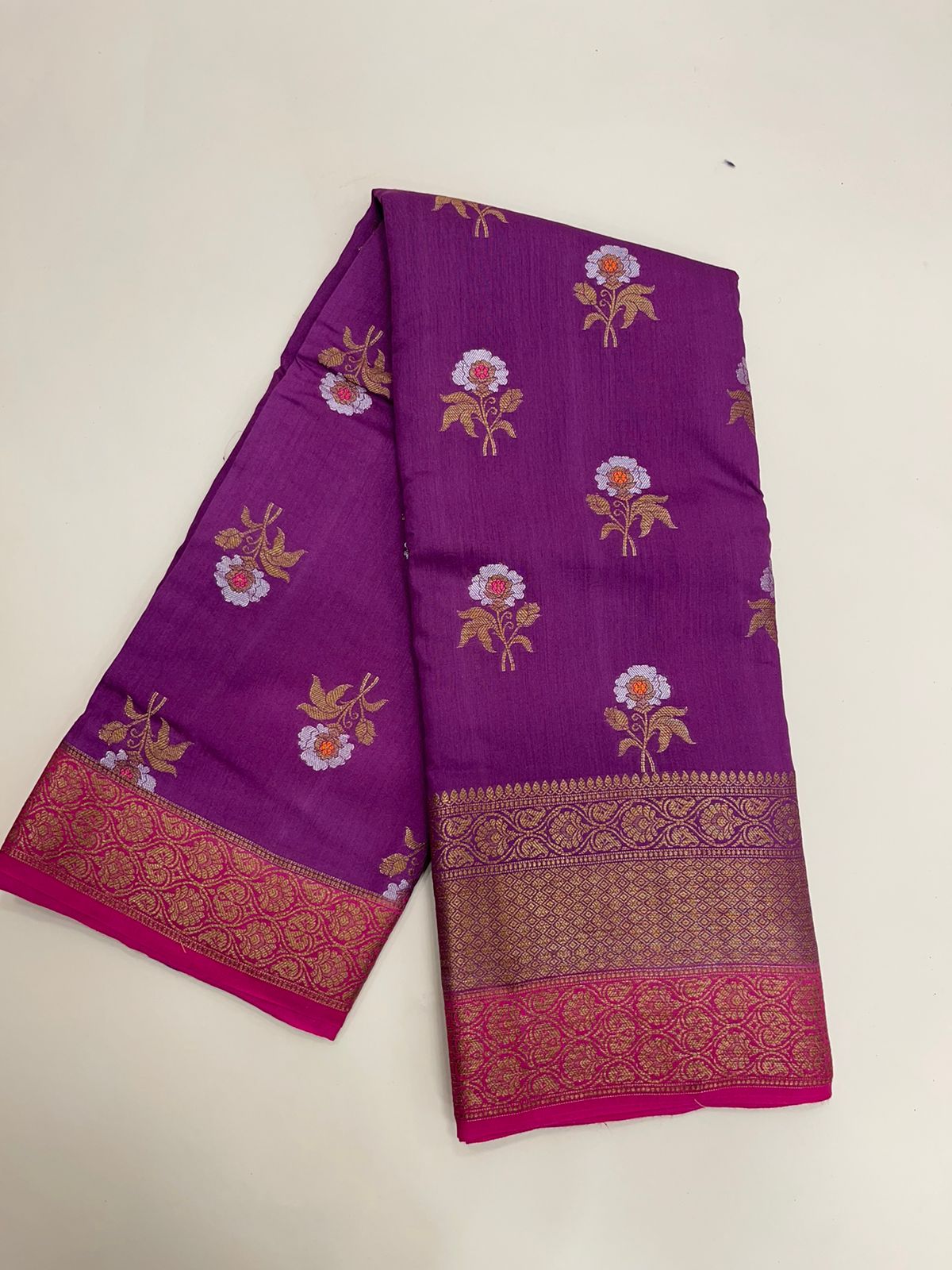 Faishana Pure Silk Handloom Purple Muga Silk Zari Mina Floral Booti Contrast Magenta Anchal Copper Zari Border Banarasi Saree with Magenta Blouse