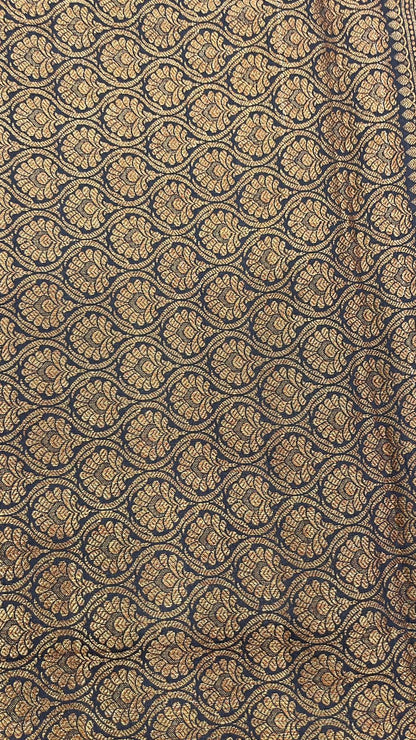 Faishana Pure Silk Handloom Sea Green Muga Silk Zari Mina Floral Booti Contrast Navy Blue Anchal Copper Zari Border Banarasi Saree with Navy Blouse