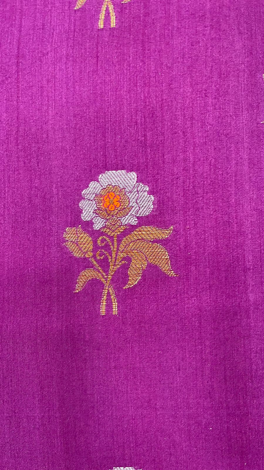 Faishana Pure Silk Handloom Purple Muga Silk Zari Mina Floral Booti Contrast Magenta Anchal Copper Zari Border Banarasi Saree with Magenta Blouse