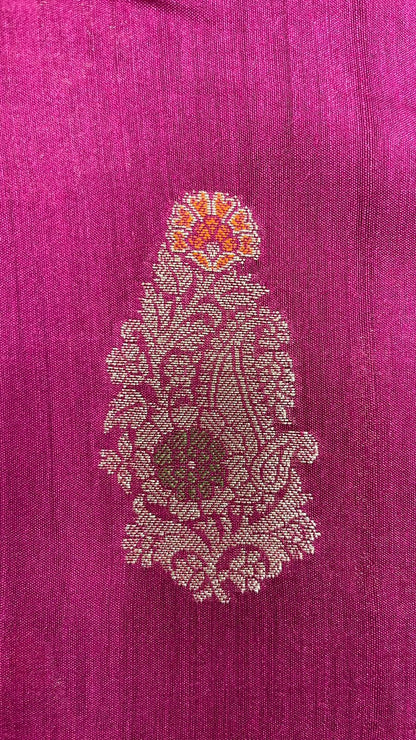Faishana Pure Silk Handloom Pink Pure Muga Silk Zari Mina Booti Minakari Jaal Pallu with Minakari Zari Border Banarasi Saree with Pink Blouse