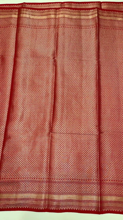 Faishana Pure Silk Handloom Red Munga Silk Zari Mina Booti Minakari Jaal Pallu with Minakari Zari Border Banarasi Saree with Red Blouse piece