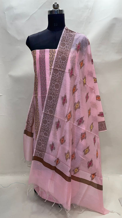 Faishana Presents Pink Cotton Resham Copper Zari 3pcs Suit Set accompanied with Plain Bottom and Top Copper Zari Cotton Jaal Stripe with Pink Booti Dupatta