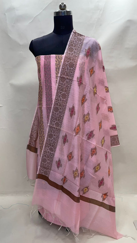 Faishana Presents Pink Cotton Resham Copper Zari 3pcs Suit Set accompanied with Plain Bottom and Top Copper Zari Cotton Jaal Stripe with Pink Booti Dupatta