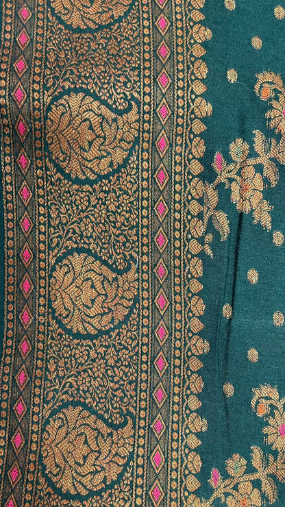 Faishana Presents Pure Silk Handloom Dark Green Muga Silk with Copper Zari Paisley Border and Dark Green Blouse