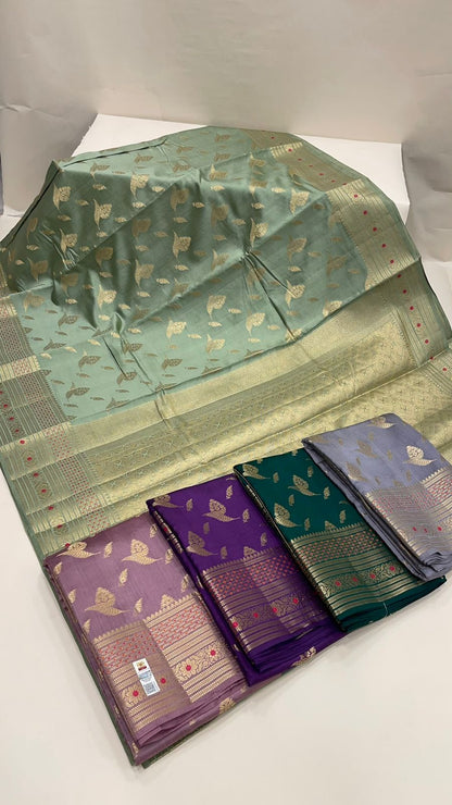 Elegant Faishana Pure Silk Handloom Light Green Chiniya Silk with Gold Zari Floral Booti and Minakari Border & Light green Blouse Piece