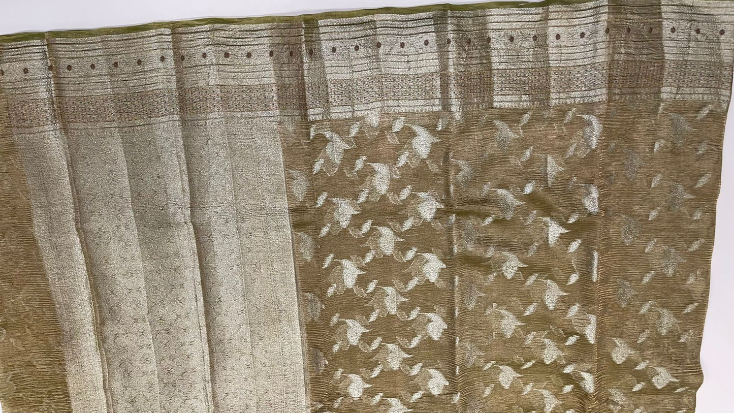 Unveils Elegance: Faishana Pure Silk Handloom Olive Green Crushed Tissue Zari Floral Booti Saree, Adorned with Banarasi Zari Border & Matching Blouse Piece