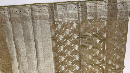 Unveils Elegance: Faishana Pure Silk Handloom Olive Green Crushed Tissue Zari Floral Booti Saree, Adorned with Banarasi Zari Border & Matching Blouse Piece