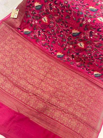 Faishana Pure Silk Handloom Pink Katan Georgette Digital Printed Zari Floral Jaal Kadhwa Banarasi Border with Pink Blouse.