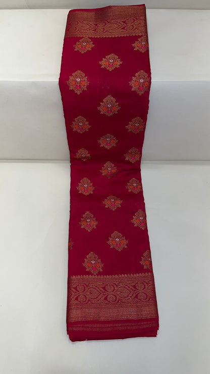 Timeless Elegance: Faishana Pure Silk Handloom Red Munga Silk Minakari Zari Booti Banarasi Saree with Small Zari Border & Red Blouse