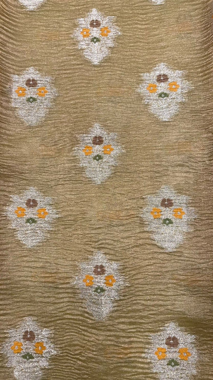 Faishana Elegance: Faishana's Pure Silk Handloom Olive Crush Tissue Zari Minakari Booti with Zari Border and matching Olive Blouse Piece