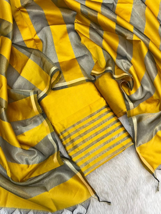 Yellow Cotton Banarasi Silk Suit with Stripe Zari Patti & Matching Stripe Zari Dupatta 500SKL_CS1