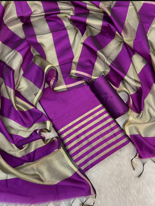 Purple Cotton Banarasi Silk Suit with Stripe Zari Patti & Matching Stripe Zari Dupatta 500SKL_CS2