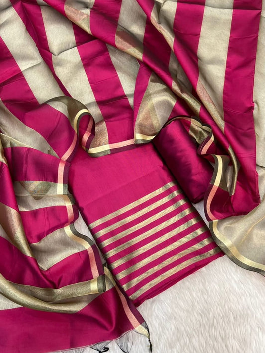 Magenta Cotton Banarasi Silk Suit with Stripe Zari Patti & Matching Stripe Zari Dupatta 500SKL_CS3