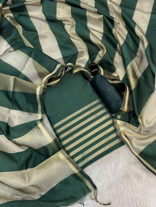 Darkgreen Cotton Banarasi Silk Suit with Stripe Zari Patti & Matching Stripe Zari Dupatta 500SKL_CS4