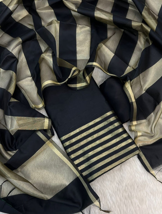 Black Cotton Banarasi Silk Suit with Stripe Zari Patti & Matching Stripe Zari Dupatta 500SKL_CS5