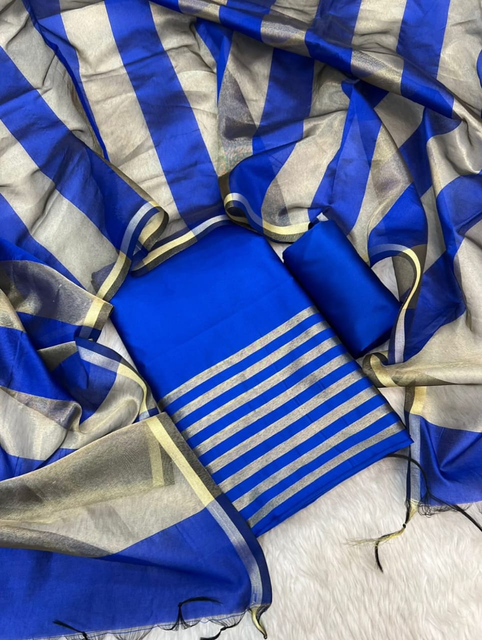 Royal Blue Cotton Banarasi Silk Suit with Stripe Zari Patti & Matching Stripe Zari Dupatta 500SKL_CS6