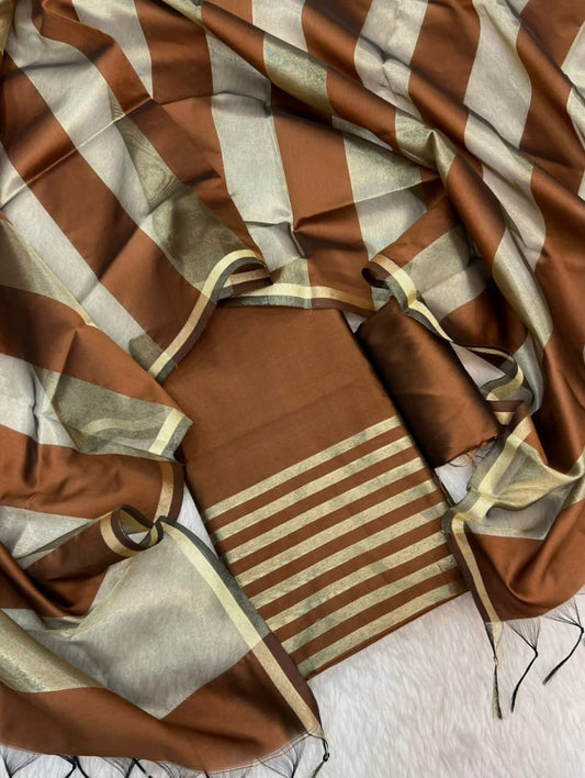 Brown Cotton Banarasi Silk Suit with Stripe Zari Patti & Matching Stripe Zari Dupatta 500SKL_CS7