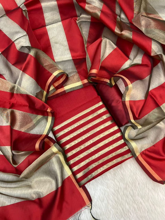 Red Cotton Banarasi Silk Suit with Stripe Zari Patti & Matching Stripe Zari Dupatta 500SKL_CS8