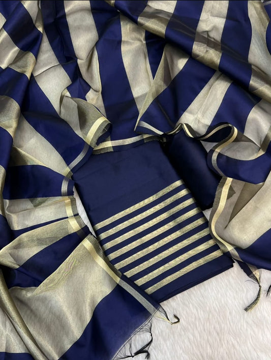 Navy Blue Cotton Banarasi Silk Suit with Stripe Zari Patti & Matching Stripe Zari Dupatta 500SKL_CS9