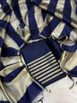 Navy Blue Cotton Banarasi Silk Suit with Stripe Zari Patti & Matching Stripe Zari Dupatta 500SKL_CS9