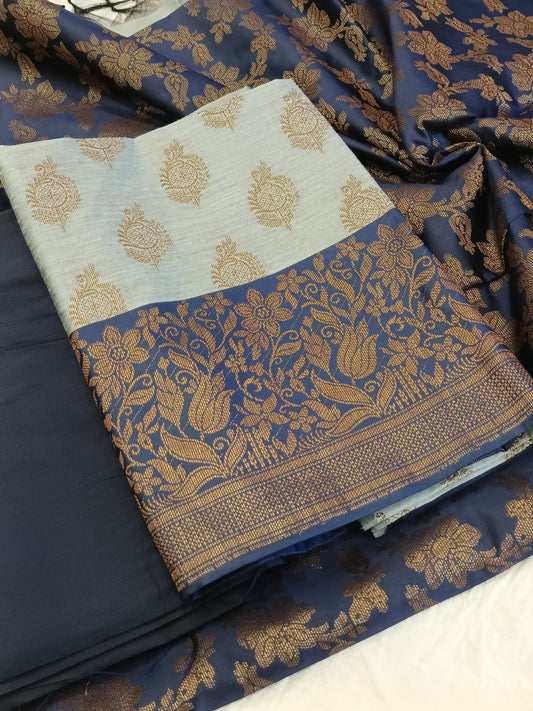 Light Blue Cotton Floral Zari Booti with Contrast Navy Blue Silk Border Banarasi Suit 525IM_CTN10