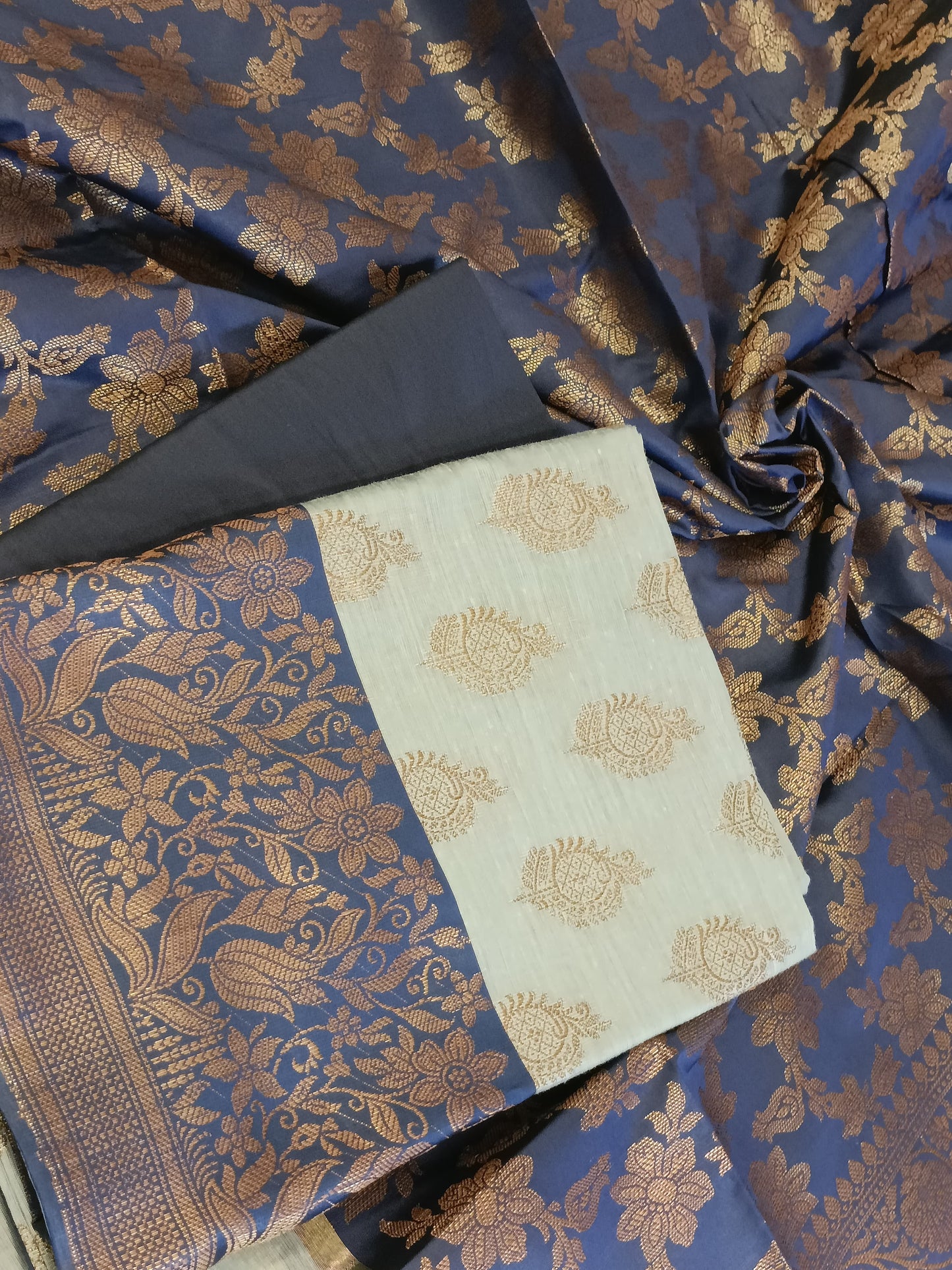 Light Blue Cotton Floral Zari Booti with Contrast Navy Blue Silk Border Banarasi Suit 525IM_CTN10