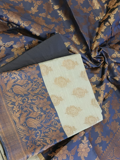 Light Blue Cotton Floral Zari Booti with Contrast Navy Blue Silk Border Banarasi Suit 525IM_CTN10