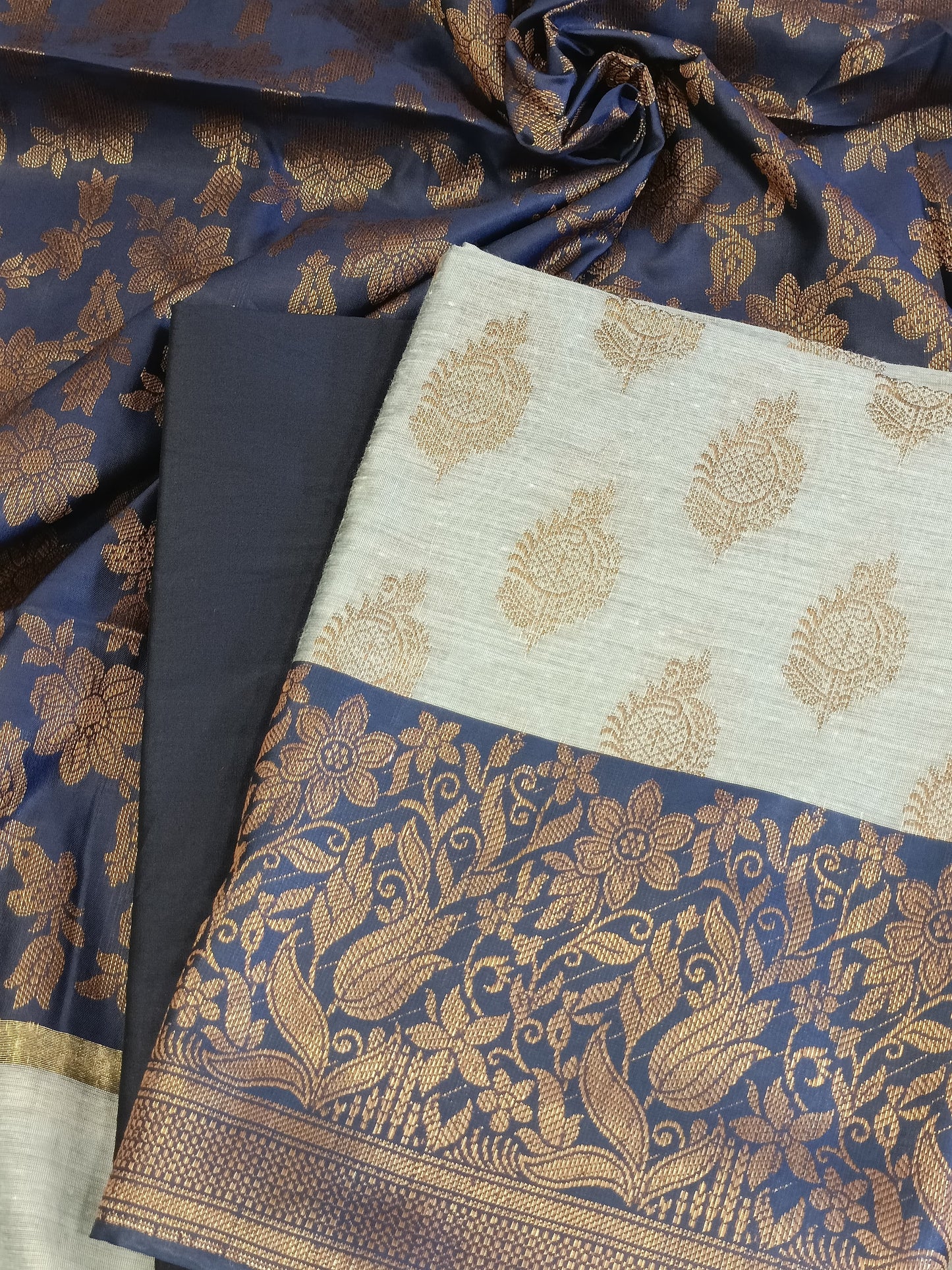 Light Blue Cotton Floral Zari Booti with Contrast Navy Blue Silk Border Banarasi Suit 525IM_CTN10