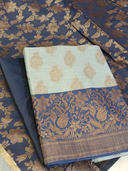 Light Blue Cotton Floral Zari Booti with Contrast Navy Blue Silk Border Banarasi Suit 525IM_CTN10