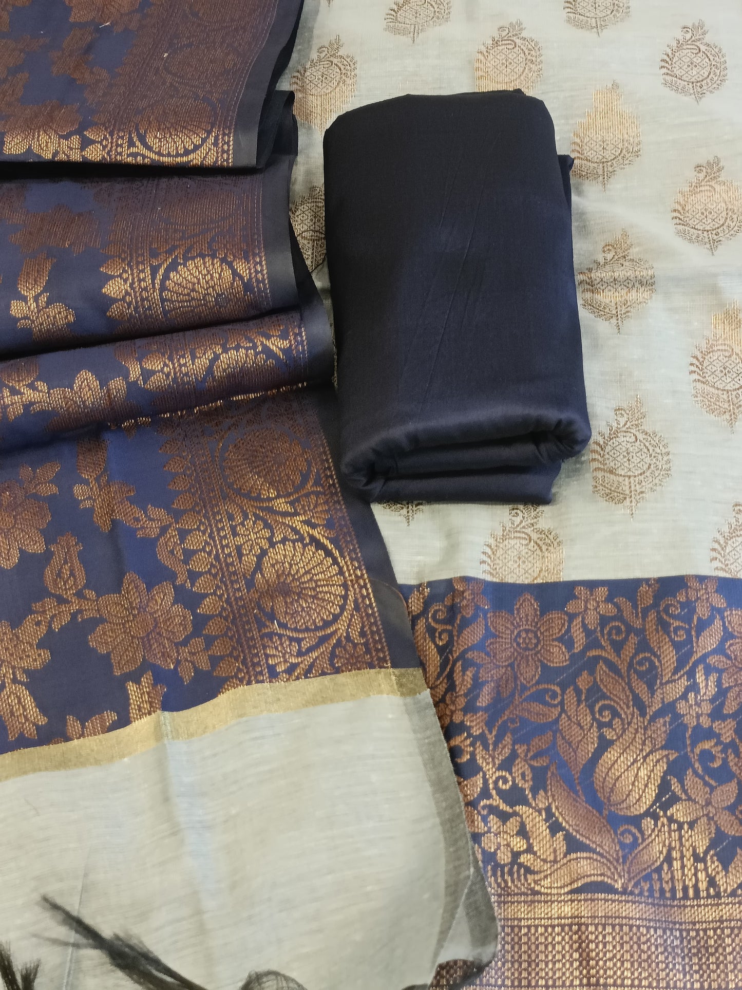 Light Blue Cotton Floral Zari Booti with Contrast Navy Blue Silk Border Banarasi Suit 525IM_CTN10