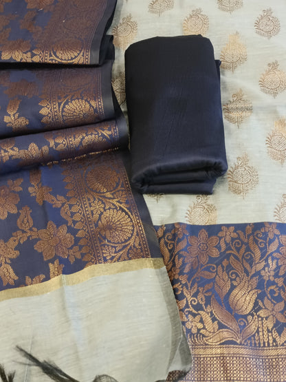 Light Blue Cotton Floral Zari Booti with Contrast Navy Blue Silk Border Banarasi Suit 525IM_CTN10