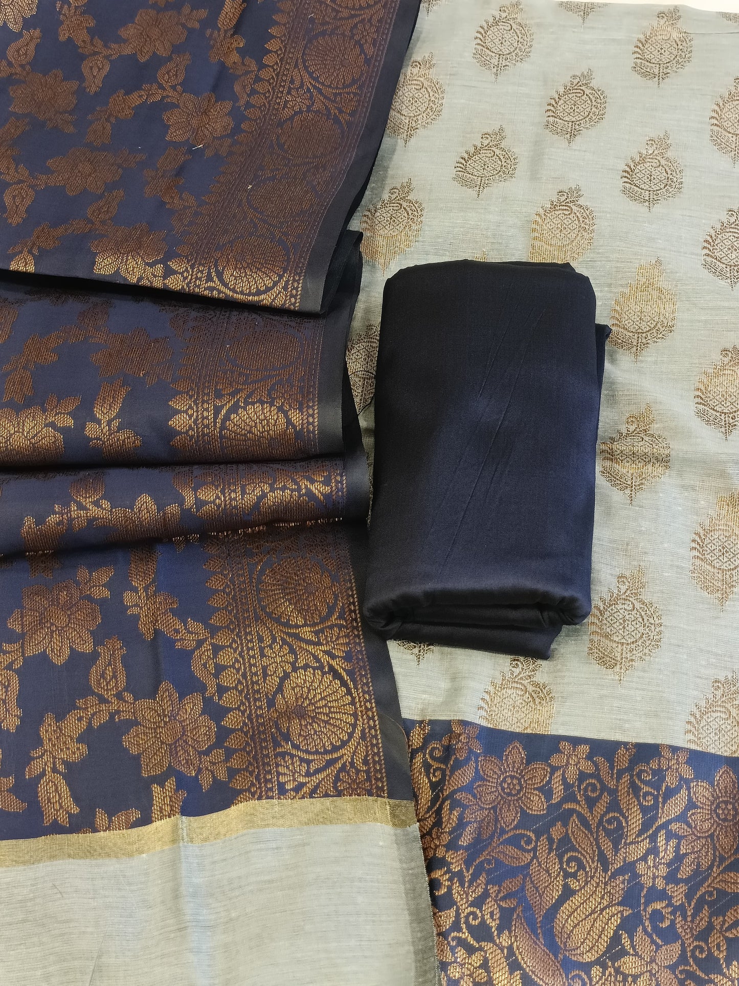 Light Blue Cotton Floral Zari Booti with Contrast Navy Blue Silk Border Banarasi Suit 525IM_CTN10